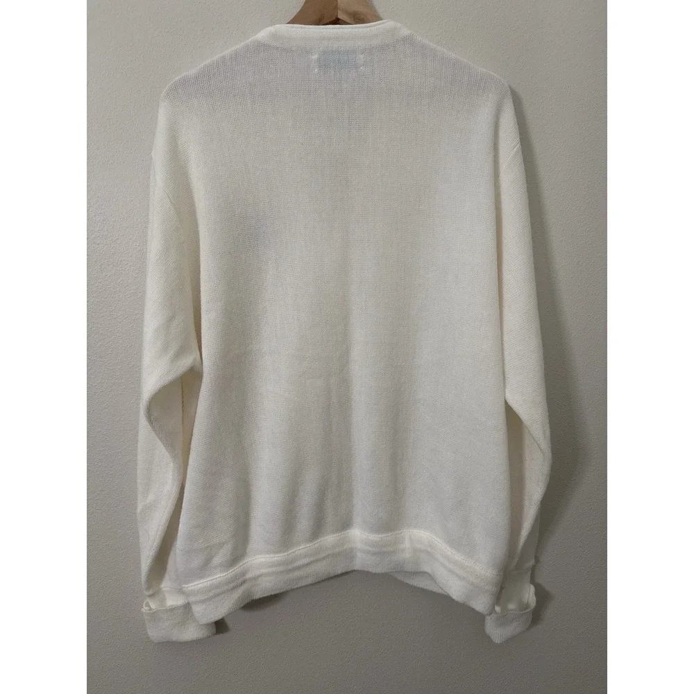 Vintage IZOD USA Cardigan Sweater Crest Logo‎ White Acrylic Knit Preppy 80s 90s